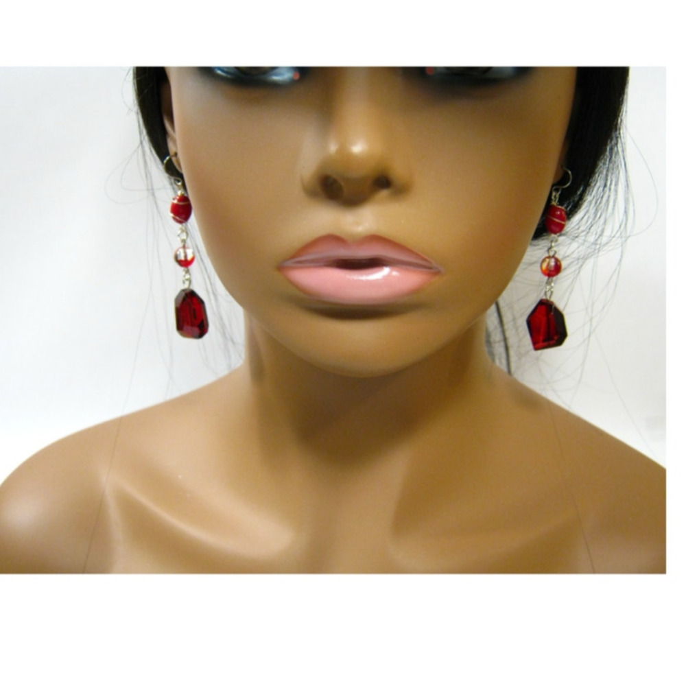 Handmade vintage Red Crystal Beaded  Drop Earrings 2 inch long
